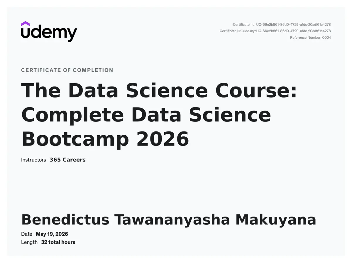 Udemy certificate for The Data Science Course: Complete Data Science Bootcamp 2026
